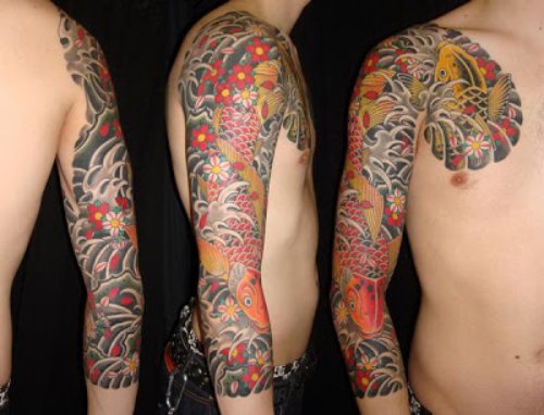 Man Right Sleeve Colored Carp Fish Tattoo